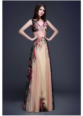Fantásticos vestidos de noite Slim Fit Elegante vestido floral com ombros