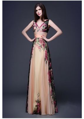 Fantásticos vestidos de noite Slim Fit Elegante vestido floral com ombros