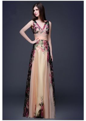 Fantásticos vestidos de noite Slim Fit Elegante vestido floral com ombros