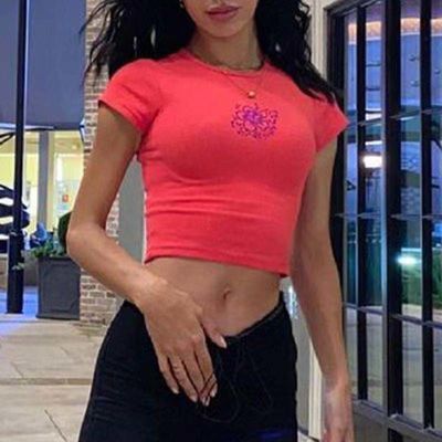 Colar redondo T-shirts sexy apertadas cor sólida sexy corte apertado camisa de manga curta