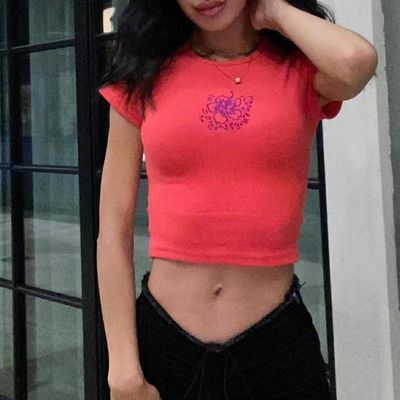 Colar redondo T-shirts sexy apertadas cor sólida sexy corte apertado camisa de manga curta