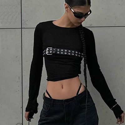 Moda Spice T-shirts sexy apertadas pescoço redondo Slim camisa de manga longa padrão sólido
