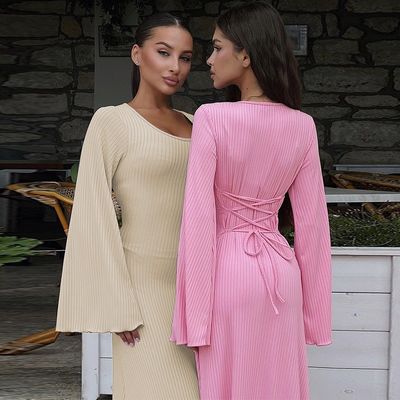 Estilo Manga Longa Vestido Esbeltinho U Pescoço De Volta Cordel Para cima Cor Sólida Vestidos Manga Longa