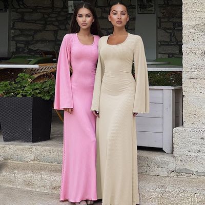 Estilo Manga Longa Vestido Esbeltinho U Pescoço De Volta Cordel Para cima Cor Sólida Vestidos Manga Longa