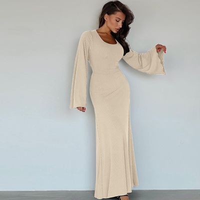 Estilo Manga Longa Vestido Esbeltinho U Pescoço De Volta Cordel Para cima Cor Sólida Vestidos Manga Longa