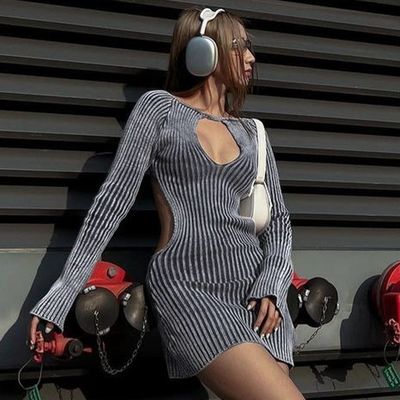 Moda vestido de malha de malha sexy sem costas de lã de manga longa