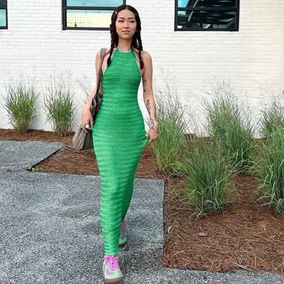 Cor sólida Vestido de malha de malha Estilo Slim Sexy Respirável Sem costas Vestido de renda