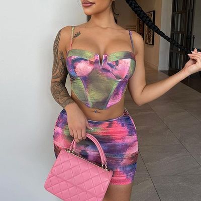 Fashion Crop Top Short Skirt Set Impressão Halter Slim Fit 2 Peças Short Skirt Set