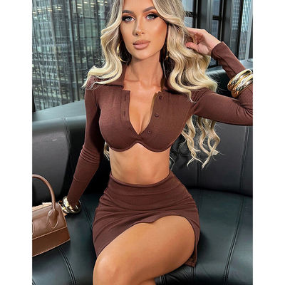 Colarinho de POLO Roupa sexy de ginástica Manga longa saia de cor sólida Traje desportivo sexy
