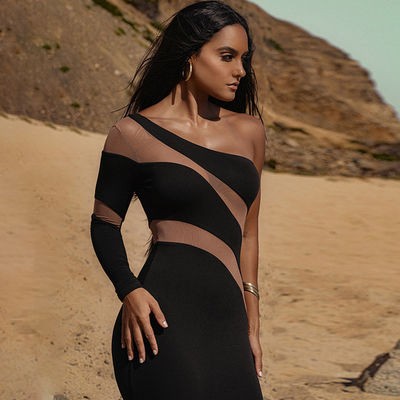 Personalizado Um ombro vestido Midi Moda Malha Perspectiva Pescoço esquivado vestido sexy