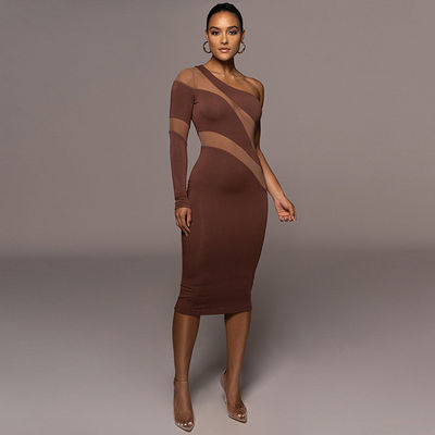 Personalizado Um ombro vestido Midi Moda Malha Perspectiva Pescoço esquivado vestido sexy