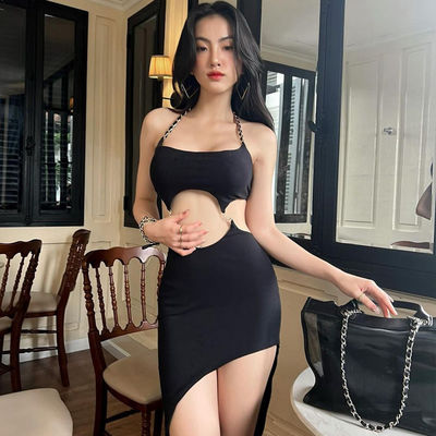 Vestido de pescoço cortado estilo sexy sem traseiro cortado vestido de pescoço fino