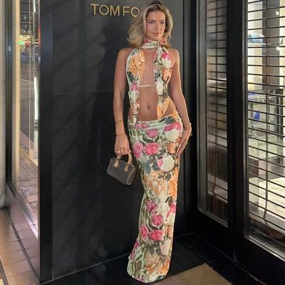 Sexy sem costas sem alças Top Slim Divisão saia V pescoço comprimento longo