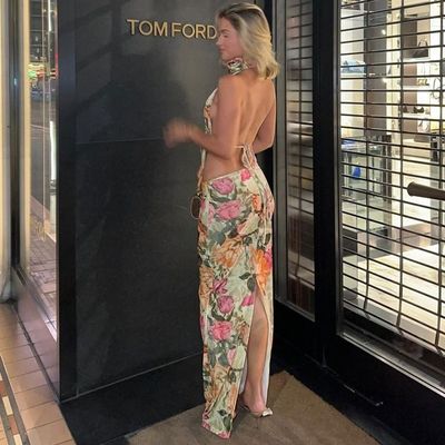 Sexy sem costas sem alças Top Slim Divisão saia V pescoço comprimento longo