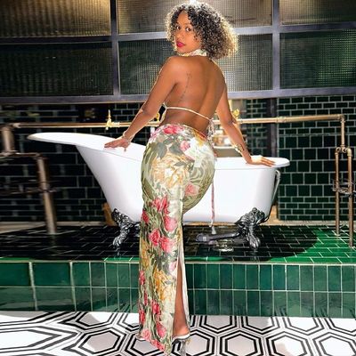Sexy sem costas sem alças Top Slim Divisão saia V pescoço comprimento longo