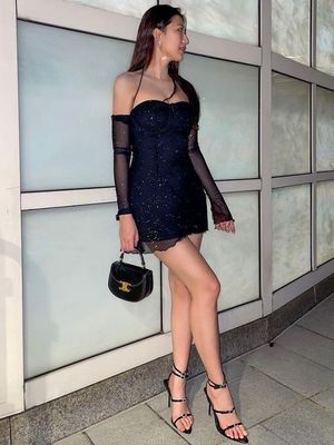 Sexy Pure Wind Gauze Cuff Backless Slim Fit vestido cobrindo nádegas