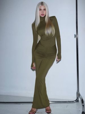 Custom Slim Solid Color Hip Wrap Dress Alto Pescoço Manga Longa