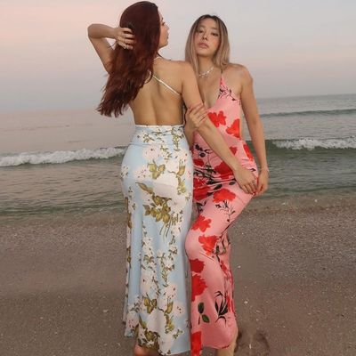 Verão vestidos elegantes de senhoras Impressão sexy sem costas U pescoço Slim Halter vestido