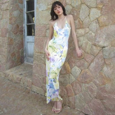 Verão vestidos elegantes de senhoras Impressão sexy sem costas U pescoço Slim Halter vestido