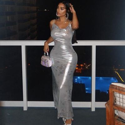 Manga curta vestido de senhora elegante Impressão sexy sem traseiro U pescoço vestido de pulso fino