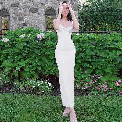 Cor sólida vestido longo de colarinho em V