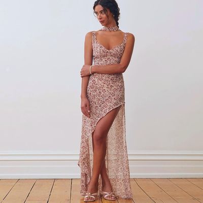 Novo vestido feminino floral sexy sem costas dividido com renda