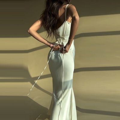 Vento temperamento de verão Europa e Estados Unidos nova cor sólida encaixe renda cintura longo vestido de algodão magro