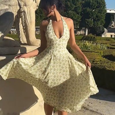 Costume feminino de verão vento doce sem volta de moda estilo floral estampa corsé saia vestido