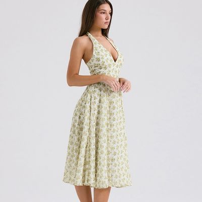 Costume feminino de verão vento doce sem volta de moda estilo floral estampa corsé saia vestido