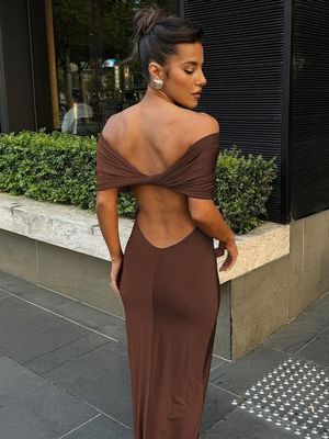 Costume Vestido de Plexagem de Ombro de Linha Um Emagrecimento Fenda de Baixo Vestido de Mulher