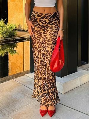 Verão Nova Moda Sexy Leopard Impressão Chiffon Fishtail saia Piso - Longa saia