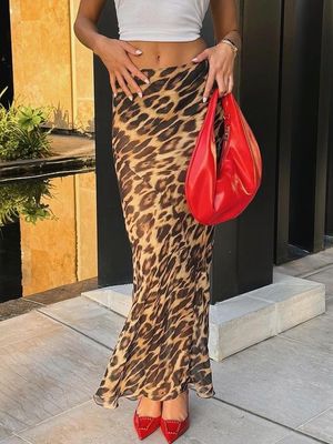 Verão Nova Moda Sexy Leopard Impressão Chiffon Fishtail saia Piso - Longa saia