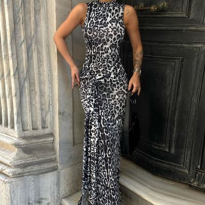 Nova moda Impressão personalizada Faixa de cintura fina vestido sem mangas