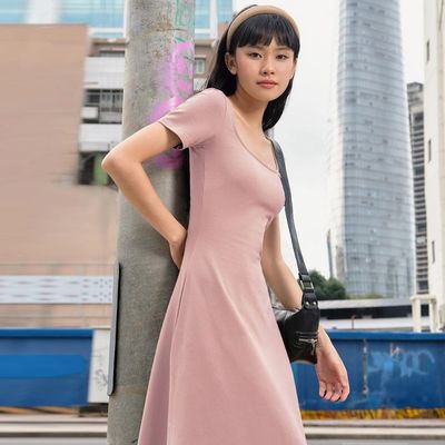 Moda Street Photo Slim Solid Color U - pescoço vestido de manga curta