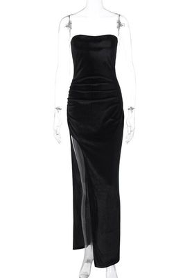Verão Nova Moda Sexy Slit Slim Plissado vestido sem alças