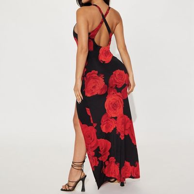 Moda Feminina Impressão saia longa Sexy Split Halter vestido
