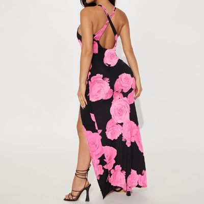 Moda Feminina Impressão saia longa Sexy Split Halter vestido