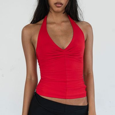 Verão novo cor sólida V-collar cinturão cinturão slim-fit pequeno colete superior