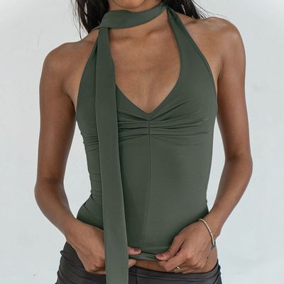 Verão novo cor sólida V-collar cinturão cinturão slim-fit pequeno colete superior