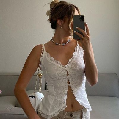 Estilo feminino American Spice Girl renda renda sexy V-neck cardigan fivela de cinto de segurança colete pequeno top