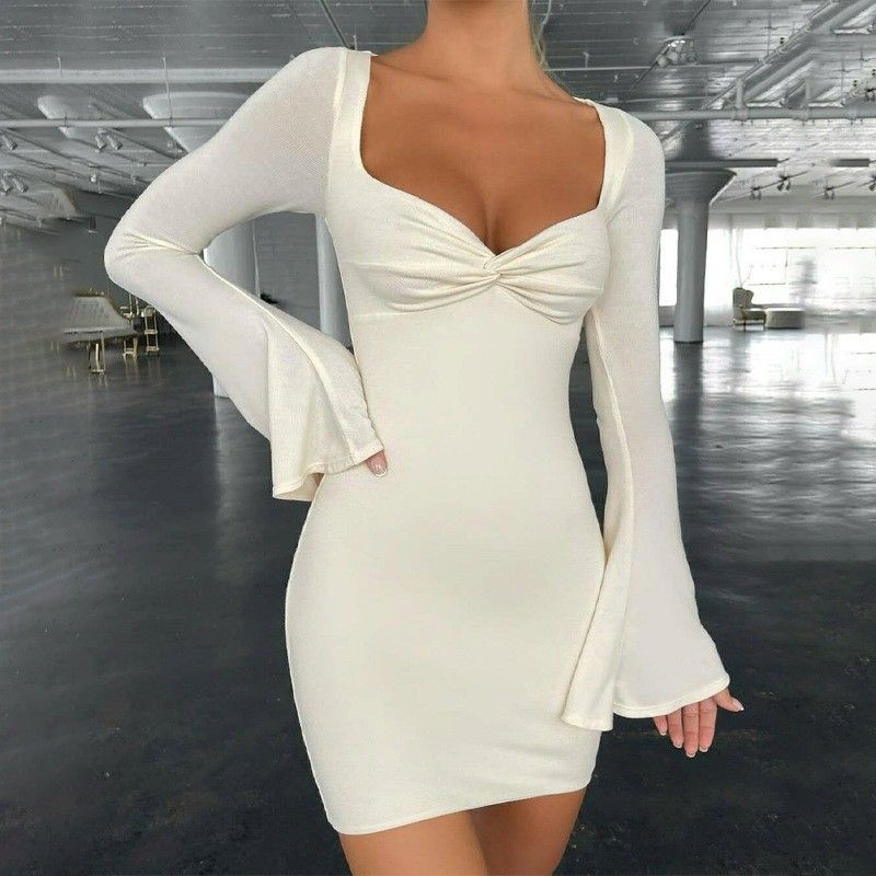 Cor sólida Vestido apertado Colarinho quadrado Branco Salto alto Vestido apertado Manga larga