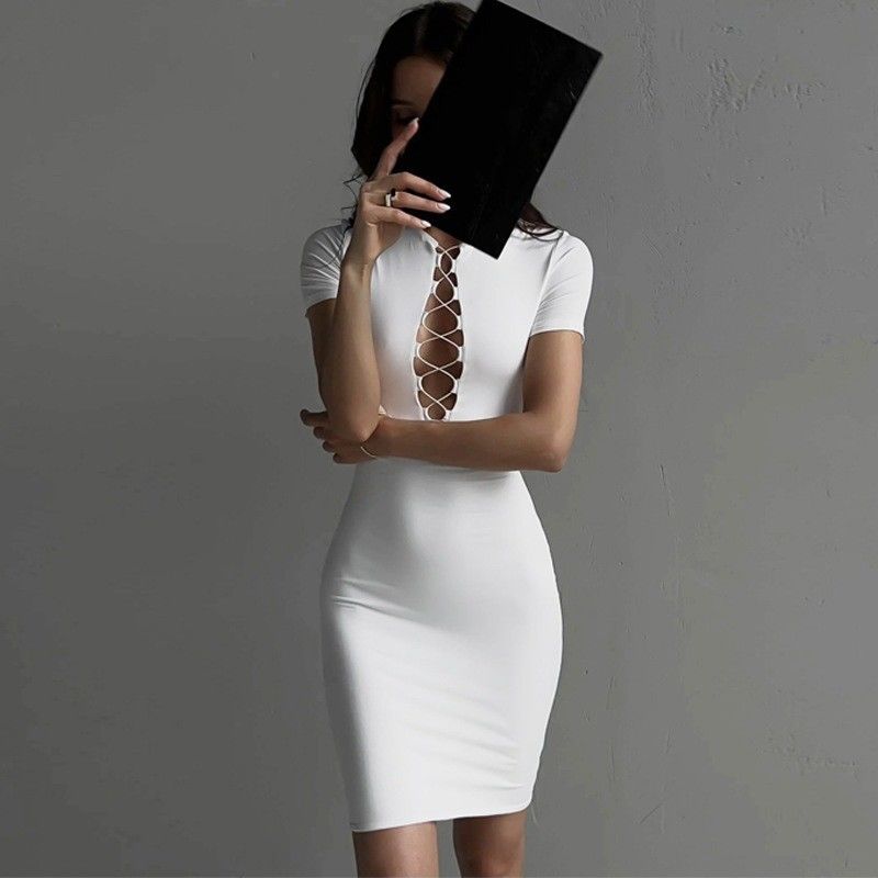 Pacote de Moda Vestido de Quadril Peito Oculto Slim Fit Pele Branca Vestido Apertado Sexy Manga Curta