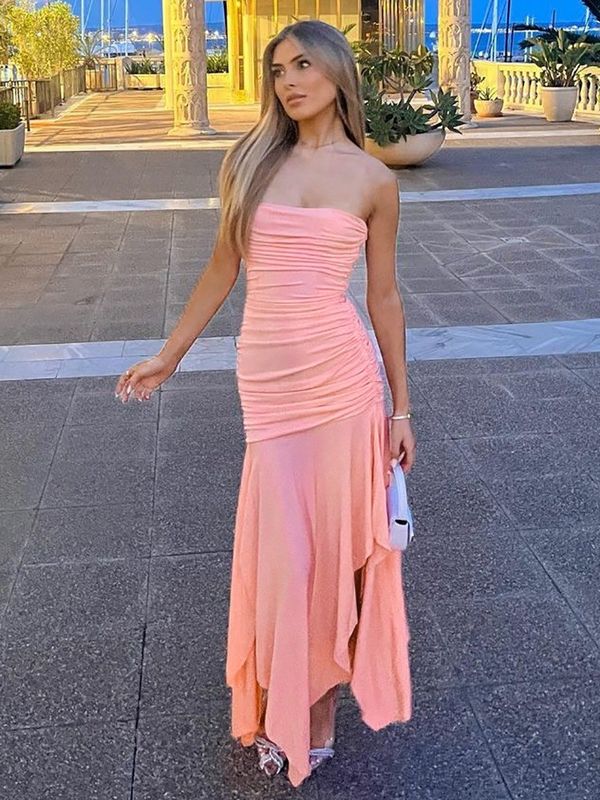 Vestido de peito de cor sólida de revestimento de camadas Vestido sexy plissado Vestido irregular de camadas duplas