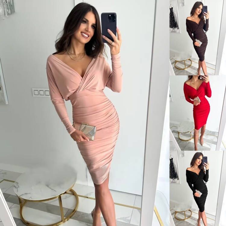 Pacote da moda Vestido da anca Manga longa V pescoço sexy cintura dobrável Vestido da anca