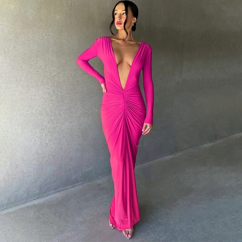 Rosa Vermelho Estilo Vestido Feminino Slim Sexy Grande V Collar Vestido Sem costas Plissos Cor Sólida