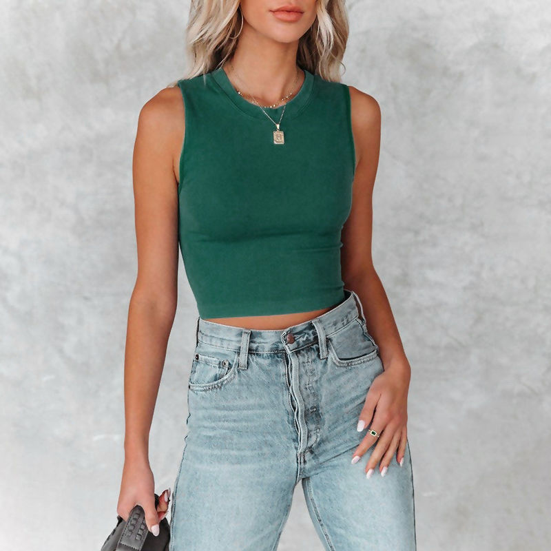 T-shirt feminino sem mangas elegante de cor sólida camisola de pescoço