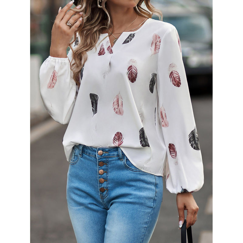 T-shirt de penas de V-Neck Casual Loose Fit Top Manga Longa