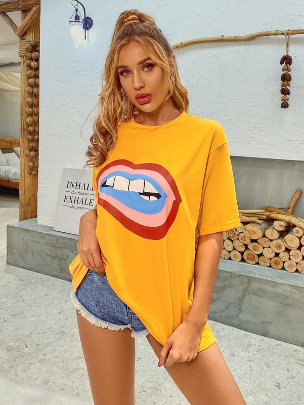 T-shirt de decal confortável e elegante T-shirt feminino de algodão de algodão de algodão