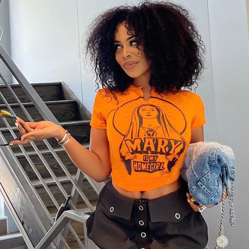 Hottie Monograma Impressão Manga curta Top sexy Slim Fit T-shirts Midriff Hipster Tee