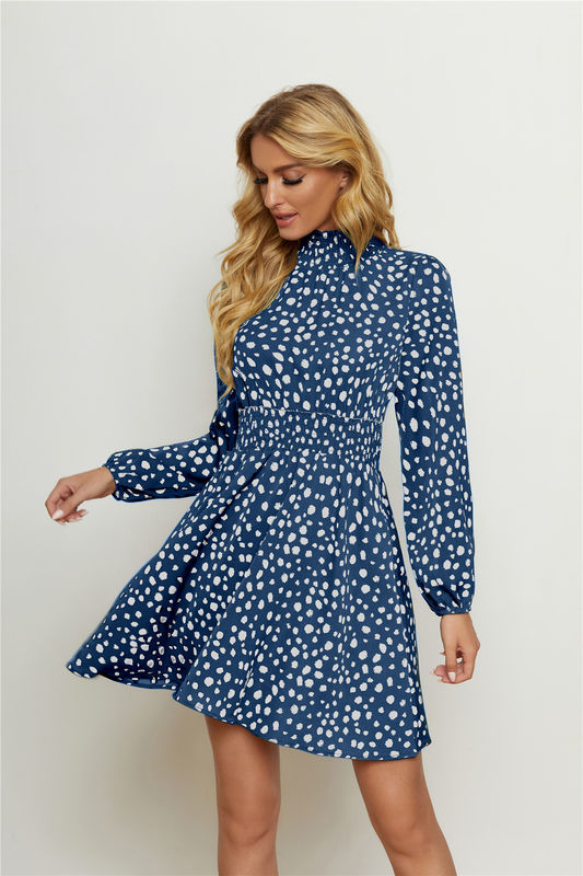Rondinho de pescoço alto Impressão floral vestida de moda feminina Lanterna Manga longa Vestido floral